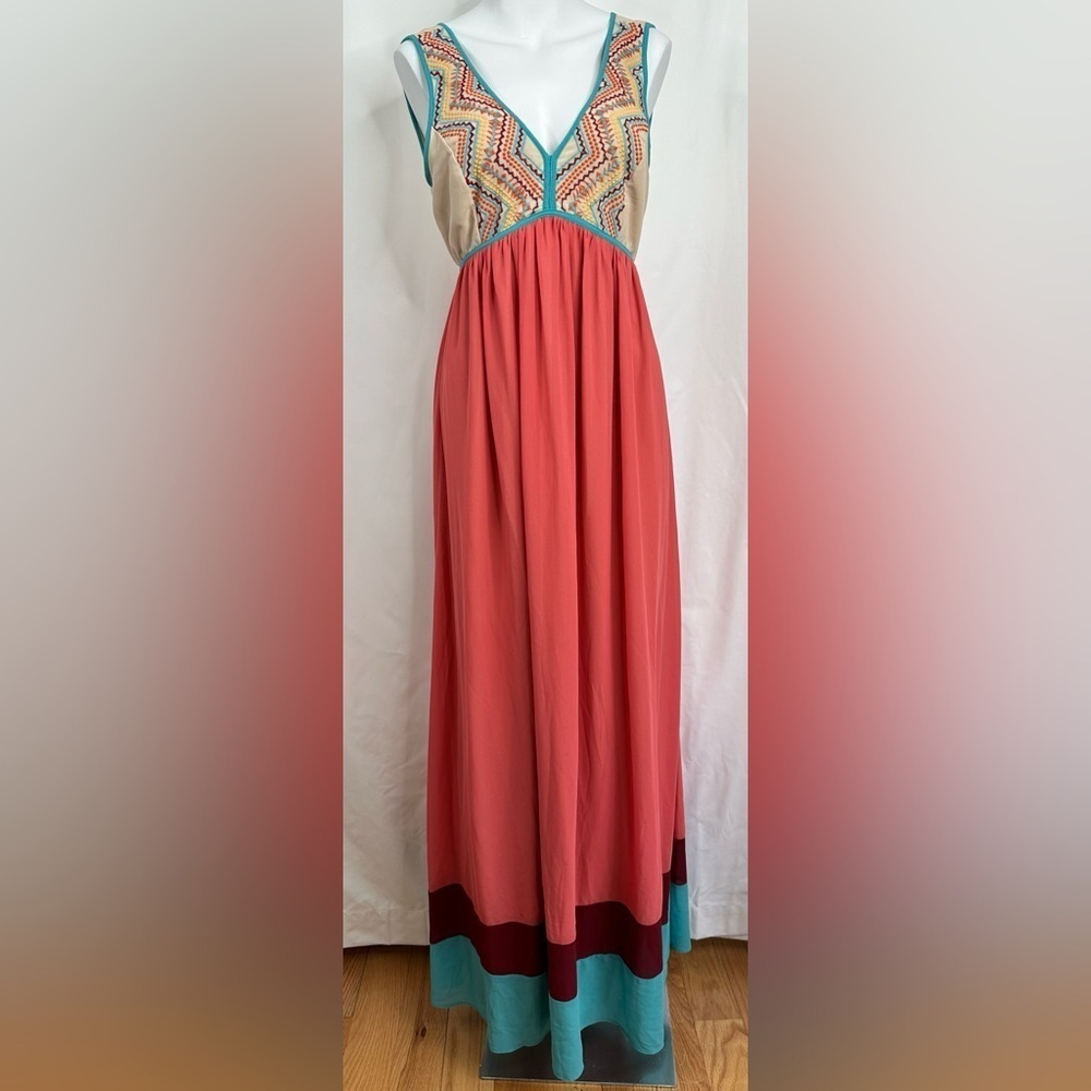 Margo & Sebastian Boho Maxi Dress Coral Tribal Colorblock Embroidered Size L